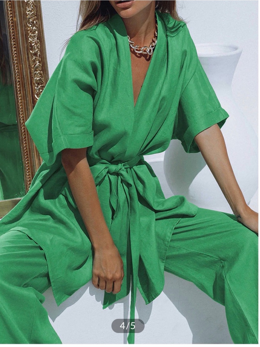 Commense Emerald Green Wide-Leg pants with V-Neck with Tie Waist Jacket. - Picture 3 of 8